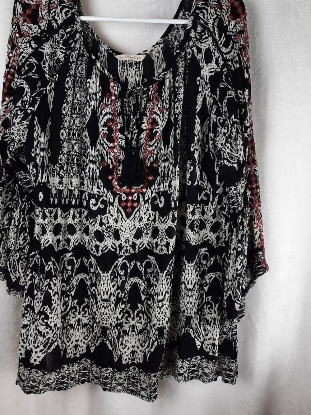 Boho-Print Black and White Peasant Top with Red Accents